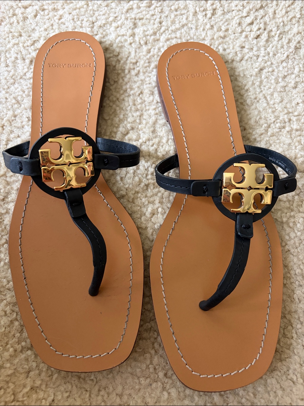 Tory Burch Black Leather Sandal With Gold Logo Medallion